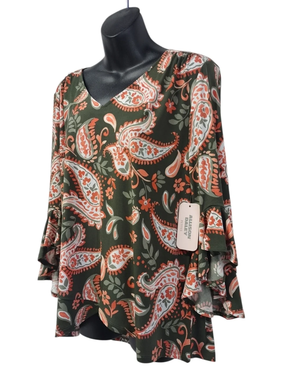 NWT Allison Daley Petites PM Green Orange Paisley V-Neck Ruffle Sleeve Blouse - Picture 3 of 8